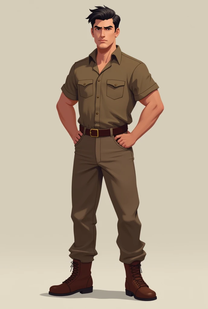 A man in his 20s in brown, stand