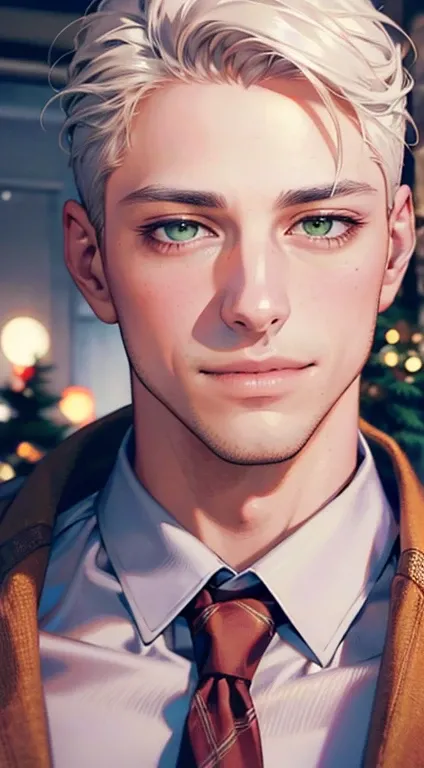 (Highest quality,4K,8K,High resolution,masterpiece:1.2),Super detailed,(Realistic,photoRealistic,photo-Realistic:1.37),1 personld,Mature Men,Beautiful skin、very handsome,Expressionless smile in love,Short white hair,green eyes,Sharp Eyes,A perfect face wit...