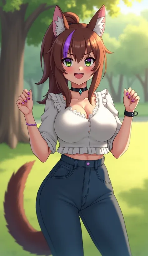 masterpiece, best quality, amazing quality, very aesthetic, absurdres, newest, source_furry, furry female, wsg01, anthro, weasel, large breasts, eyeliner, weasel ears, weasel tail, claws, paws, brown hair, bangs, sidelocks, high ponytail, violet highlights...