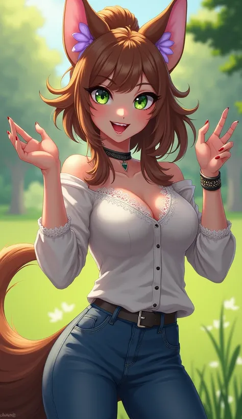 masterpiece, best quality, amazing quality, very aesthetic, absurdres, newest, source_furry, furry female, wsg01, anthro, weasel, large breasts, eyeliner, weasel ears, weasel tail, claws, paws, brown hair, bangs, sidelocks, high ponytail, violet highlights...