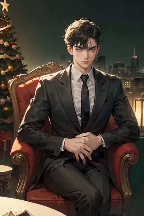 ((One young man with a black suit and tie)), gotham, alejandro, (((side swept dark short hair))), (dark green eyes and thick eyebrows), smirk, ((20 years old)), ((masterpiece)), posture dynamic, ((cinematic lighting)), (height tall around 5 foot 6), sittin...