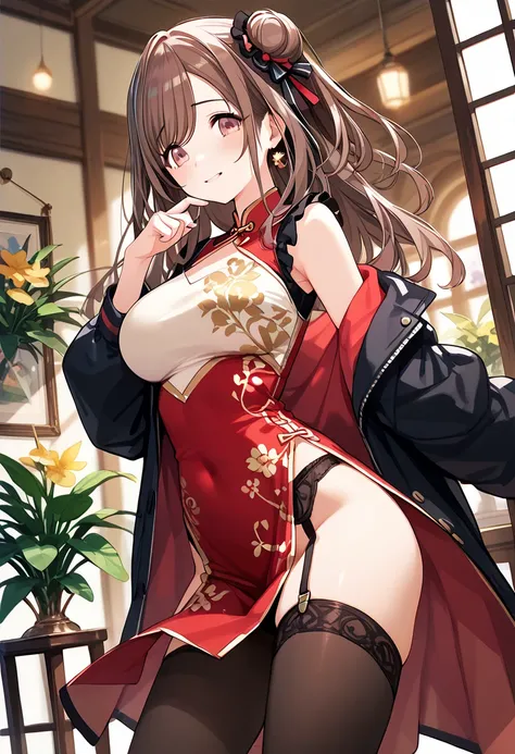 standing, (((waist side slit, Fluttering loincloth , garter belt,tights,leotard,Chinese dress, ,baggy Down jacket ,in the privateroom,shy,enjoy))) ,Extremely loving sexual acts based on pure love ,happy,very satisfied,ecstasy ,Tsukioka Kogane, (((brown_hai...