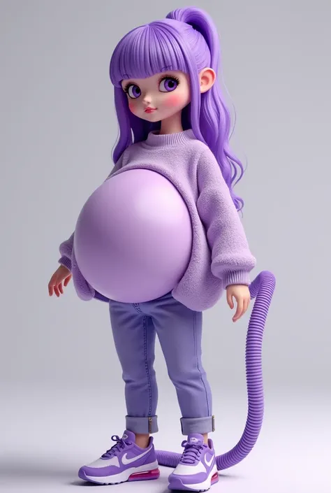 1girl, wearing a Purple Thin Sweater, purple hair, Purple jeans, Purple Nike Air Max 270 shoes, Purple Makeup, beautiful, cute, Really Big Belly Filler With Air, Air Hose Connected To Her Body.