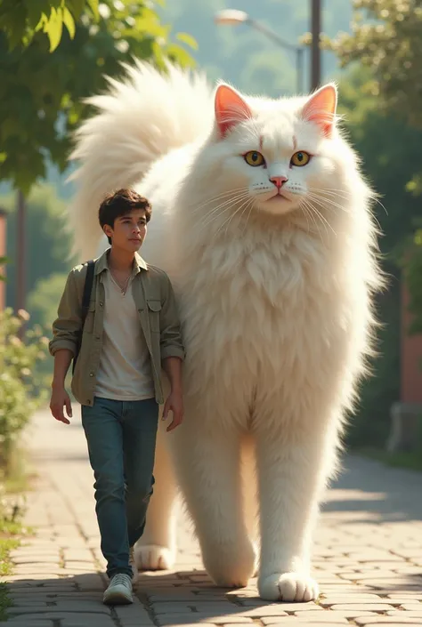 A young man dressed and walked along with a very giant angora cat walking together