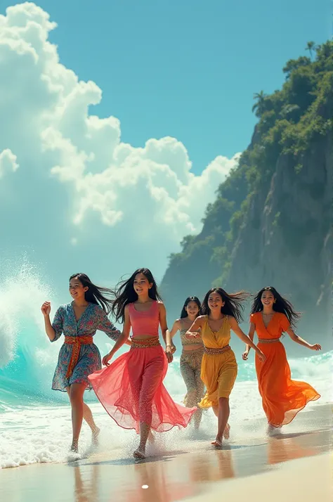 Five beautiful Indonesian women are running with their friends on the beach of Geo Park Cileutuh, Kunti Island in Sukabumi, beautiful and isolated, big waves, white sand