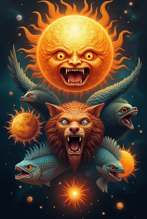 Suns with the faces of ferocious fish , Of Quetzales and suns with the faces of different animals.