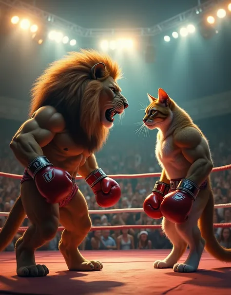 Prompt 1: The Grand Boxing Ring

Wide shot of a grand boxing ring surrounded by a cheering crowd. A mighty, muscular lion roars as he steps into the ring confidently, flexing his powerful body. Opposite him stands a cat with an equally impressive bodybuild...