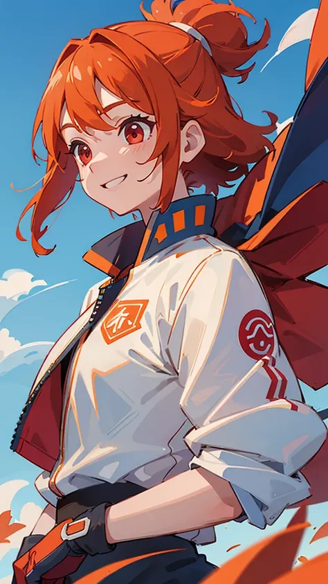  1 girl、 rider jackets、 orange hair、 red eyes、 from the side、gloves、 best smile、Blooming Grassland、Blowing in the Wind、 blue sky、 upper body closeup without left arm、 sharp outline