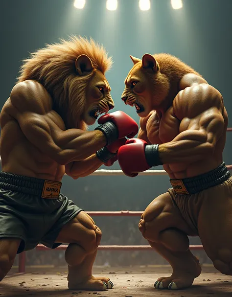 "


---

Prompt 2: The First Round Begins

The bell rings. The lion charges forward with his muscular arms throwing powerful punches. The cat, equally muscular, dodges a few attacks with agility but is eventually overpowered. The lion delivers a strong upp...