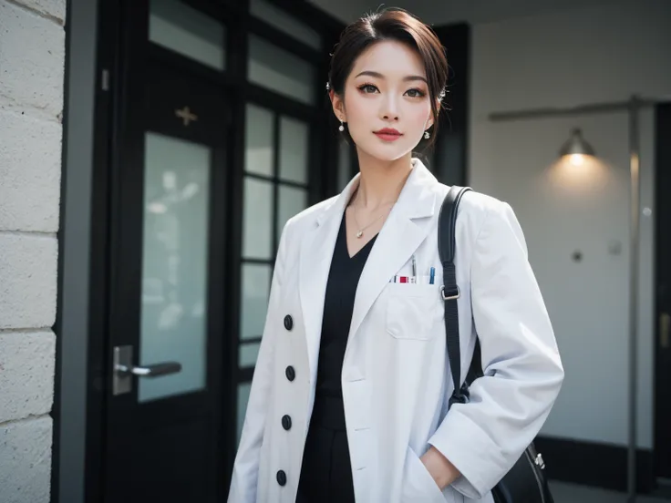 Provocative image of a Japanese female doctor wearing a white coat