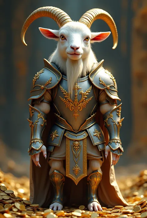 Help me create a photo of a goat in a set of 12 armor in the style of prodigy,  lots of gold and silver , lots of money 
