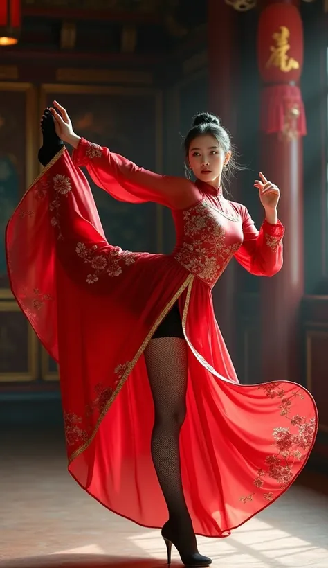  1girl,masterpiece, best quality, amazing quality, very aesthetic, absurdres,sensitive, Beautiful Chinese woman in a dynamic kung fu pose with one leg raised high, wearing a translucent modern cheongsam with an intricate floral pattern.,She wears sheer bla...