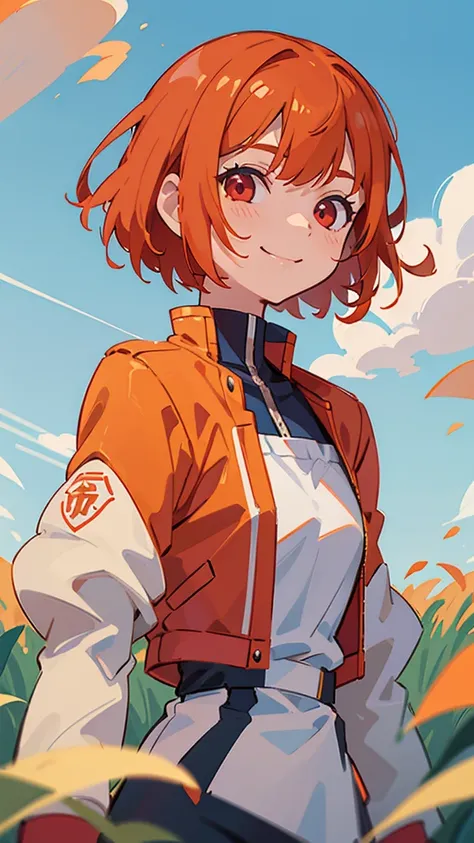  1 girl、 rider jackets、 orange hair、 bob cut、 red eyes、 from the side、gloves、smile、Blooming Grassland、Blowing in the Wind、 blue sky、 upper body closeup without left arm、 sharp outline