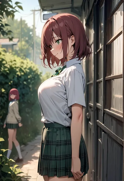 ( masterpiece , top quality:1.2),  1 girl, Alone,  Expressive Eyes ,  straight hair,  loose, short hair ,  maroon hair in the garden,  Big Breasts High School Girl,  uniform with a white shirt and a dark green plaid mini skirt with a green ribbon , smile, ...