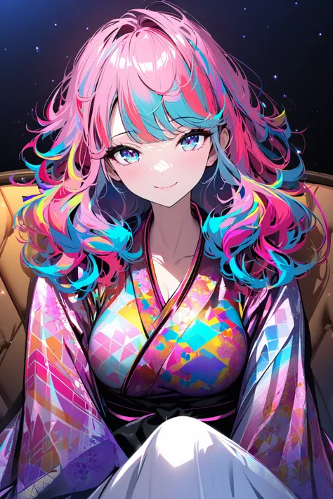 Portrait Photograph of a Beautiful shy girl sitting on her couch at night, TV glow, wild colorful hair, gorgeous face, tattoos, silk kimono, perfect proportions, ((warm smile)), large breasts