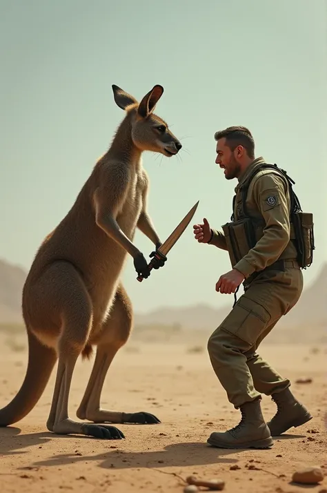 Believe me a kangaroo with a knife against a soldier