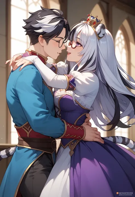 ((masterpiece)), 1boy, 1girl, long hair, white tiger ears, white tiger tail, purple eyes, white hair, black hair, multicolored hair, boy wearing glasses, happy couple,  boy with messy hair, purple clothes, black clothes, multicolored clothes, dancing, roma...