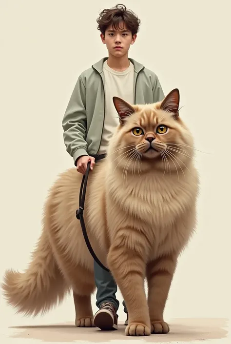  A young man carrying a leash that ties around the neck of a light brown angora cat.The size of the cat is much larger than usual .and looks original. facing the camera