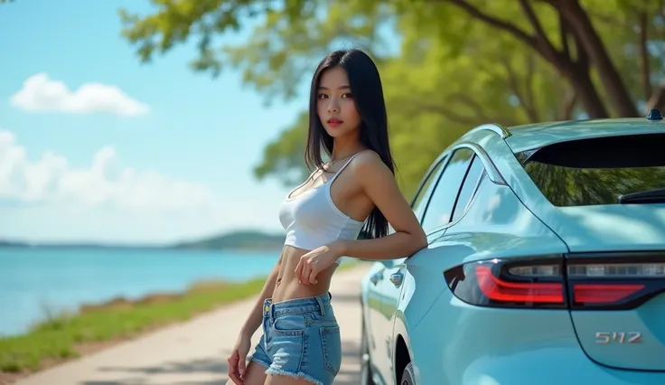 Lighting Conditions:
Soft natural morning light filters in from the side, adding dimension to the subject and the cars surface. Reflections on the jewelry and car windows enhance the scenes elegance.

Models Description:
Woman: An Asian young woman in her ...