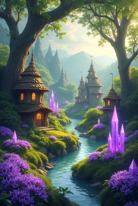  Create a fairy village with purple flowers and purple crystals, Without the fairies 