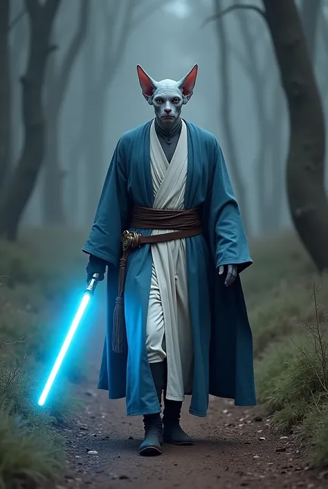 Gray skinned man. hairless. With feline eyes and long ears .  He wears blue and white Jedi robes ,  with black gloves .  He wears a single-blade light sabre in cyan .  He is walking along a dirt path surrounded by a forest with gloomy and wilted trees. 