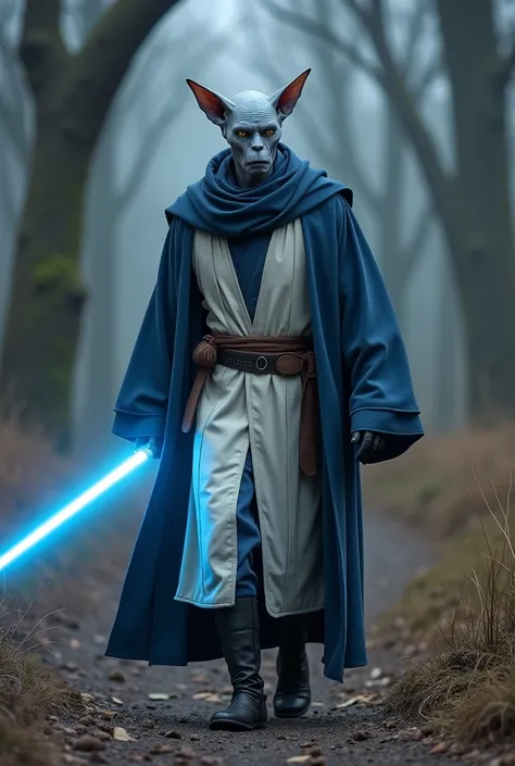 Gray skinned man. hairless. With feline eyes and long ears .  He wears blue and white Jedi robes ,  with black gloves .  He wears a single-blade light sabre in cyan .  He is walking along a dirt path surrounded by a forest with gloomy and wilted trees. 