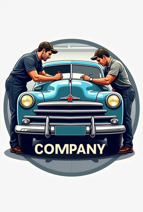 Create a Logo that contains a car, two mechanics working on it and with CORPUS letters.