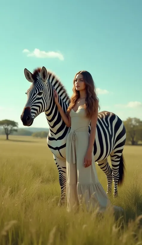 "A young woman and a graceful zebra standing together in a lush, open grassland under a vivid blue sky. The woman has long, wavy hair and wears a simple yet elegant outfit in neutral tones that blend harmoniously with the environment. She stands confidentl...