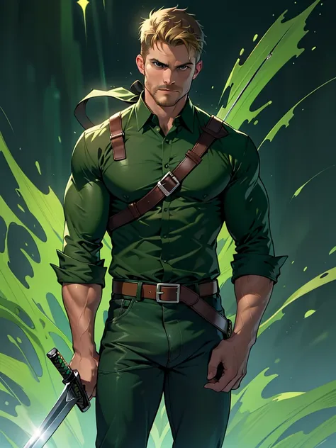 1 man, male focus solo,45 yo man,Stephen AMELL as green arrow,  lean muscle, ((open dark green shirt, dark green jeans with brown belt)) ,(( big bulge)), full body shot, dark blond short hair, well groomed facial hair, (((holding a sword with one hand))), ...