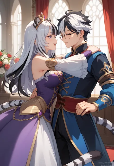 ((masterpiece)), 1boy, 1girl, long hair, white tiger ears, white tiger tail, purple eyes, white hair, black hair, multicolored hair, boy wearing glasses, happy couple, boy with messy hair, purple clothes, black clothes, multicolored clothes, dancing, roma...