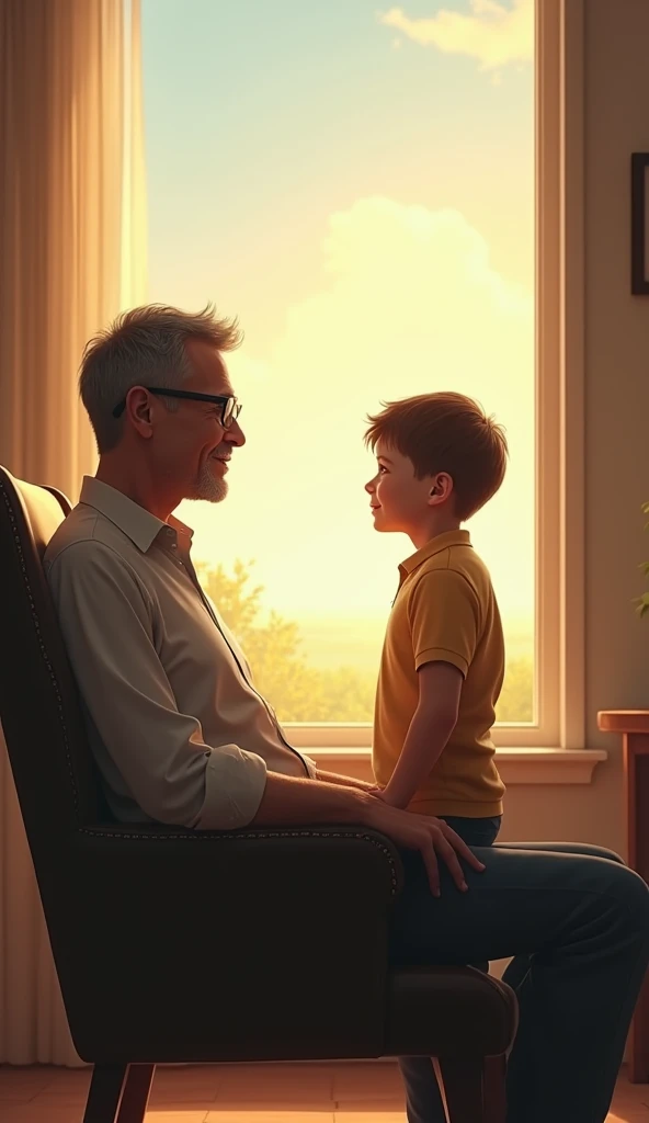 A symbolic closing scene: the man sits contentedly on a chair, glasses clean, with his son smiling beside him. The background shows a calm and sunny day outside the window, reflecting a sense of clarity and peace.
