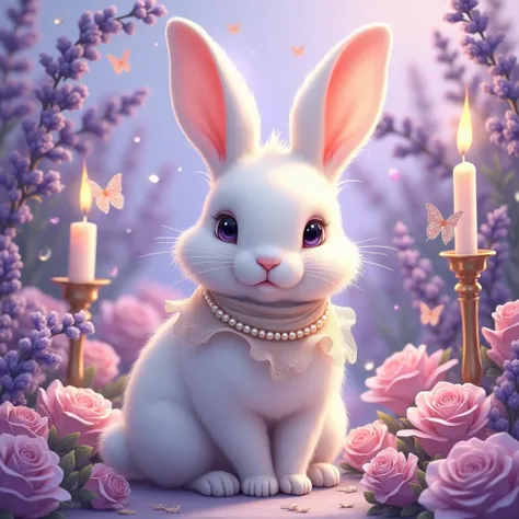 Very detailed and realistic vertical illustration, with a cute white rabbit sitting in a gorgeous and fantastic background. The rabbit is wearing a corolla, a lace costume, and a cloth and pearl necklace. The background is decorated with lavender-based dec...