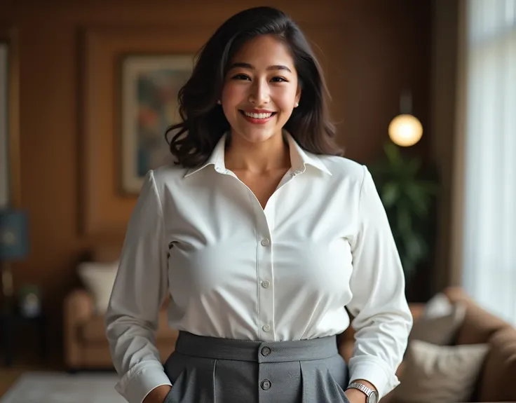 ((highest quality, 8K, masterpiece, portrait: 1.3)), (looking at the viewer), (full shot:0.85), attractive business mature woman, 1 person, a little chubby:0.35, white collared shirt, gray skirt,((big breasts)) (big pelvis:0.3), (living room)), smile:0.2, ...