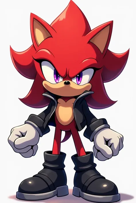 Anthropomorphic anime hedgehog boy with red fur with purple eyes with slightly long arms and legs who is wearing a black jacket black shoes and white gloves that looks like Sonic the hedgehog 