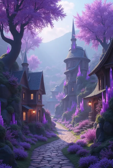 Create a fairy town with purple flower trees, purple crystals and purple lights , Without the fairies 