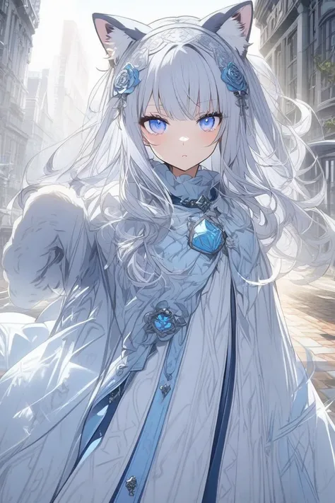 
 1 girl,  blue eyes,  Silver Hair,Cat ears, 