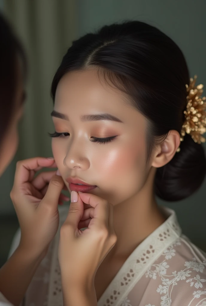  indonesian woman, 20 years old, beautiful,  being made up by someone ,  a pair of hands from the camera, the woman applied makeup ,  her hair in a bun accompanied by a golden brown adenium flower ornament, blurred background, thick Indonesian shades 