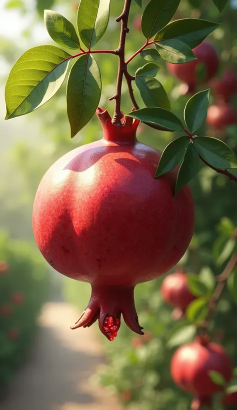 "A realistic image of a ripe pomegranate hanging from a tree branch. The pomegranate has a rich red color with a smooth, slightly textured skin. The fruit is partially open, showing the jewel-like, ruby-red seeds inside. Surrounding the fruit are glossy gr...