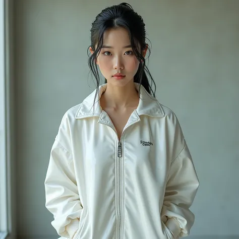 Jenny Kim in a white wet tracksuit, Wet white shirt,  realistic , 4k  realistic ,  soft lighting ,  in detail, Real full HD