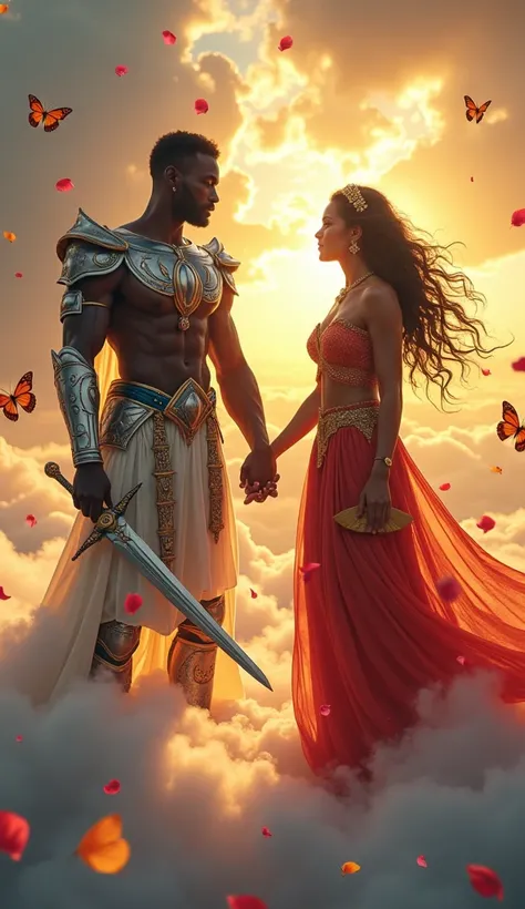  A heavenly portrait of Ogum and Iansã holding hands on a luminous cloud.  Ogum is an imposing dark-skinned man ,  with well-defined muscles ,  wearing shiny silver armor with blue and green accents .  He holds a resplendent sword in his free hand ,  radia...