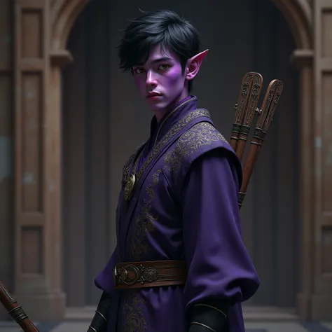 Boy, half dark elf, very handsome and has balck short hair, purple skin, wearing a closed medieval dress, full body, holding a bow, 8k, realis, ren