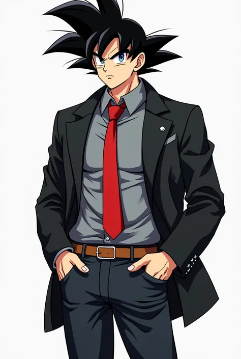 Goku with a black jacket and with a gray shirt and with dbs cartoon style jeans with a red tie 