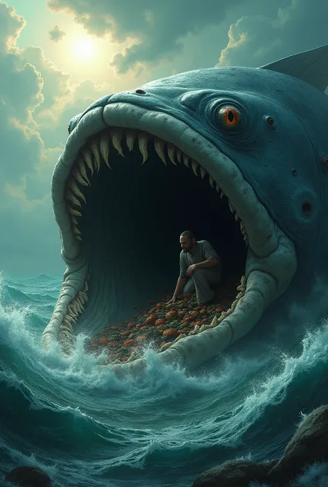 a biblical man in the stomach of a big fish in the middle of an ocean