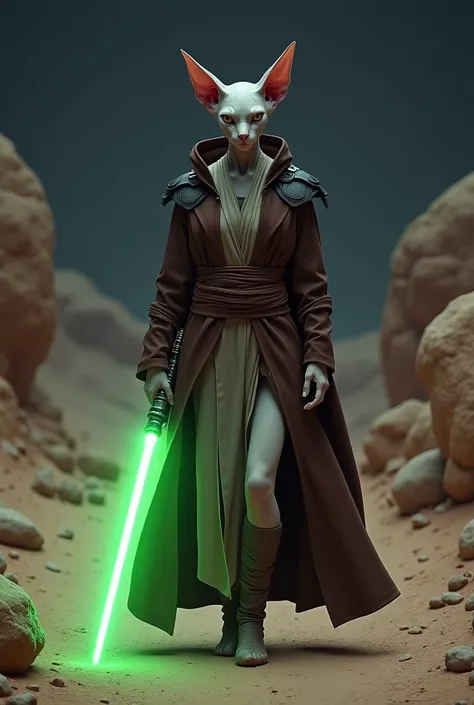  gray leather . hairless. With feline eyes and long ears . de labios rojos.  She wears brown and gray Jedi robes .  She wears white gloves .  She wears a single-leaf lightsaber in green .  She is walking along a dirt path surrounded by a barren desert with...