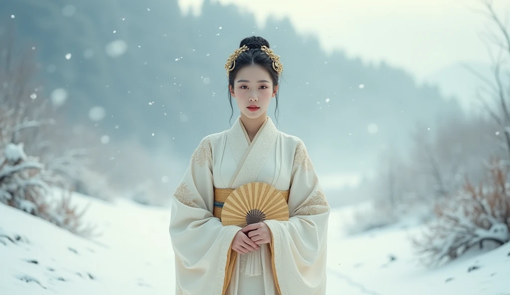 -masterpiece, best quality, full body, 1girl, standing in a snowy landscape, wearing a white and gold kimono, holding a traditional fan, serene expression, beautiful detailed skin, cinematic lighting
