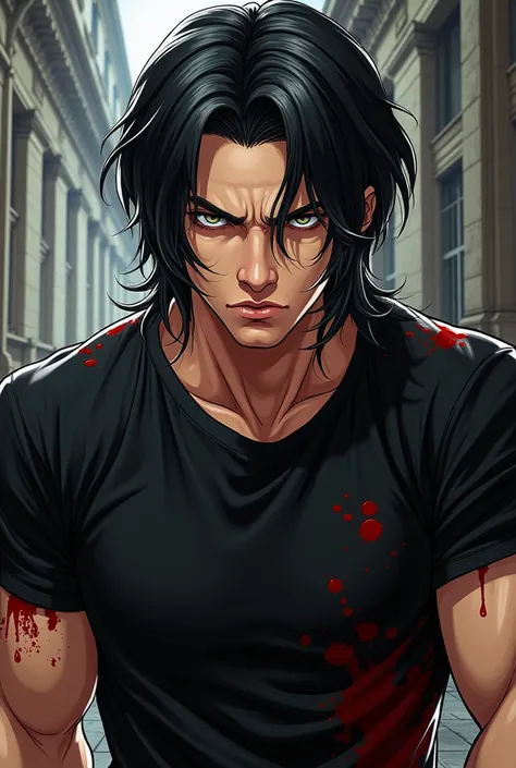 Digital manga style , attractive Russian man ,  of hair
black with white highlights shoulder length,
light gray eyes,  wearing a black t-shirt ,
 with the expression of a serious look frowning the
eyebrow ,   with bloodstains . Some of the camera from belo...