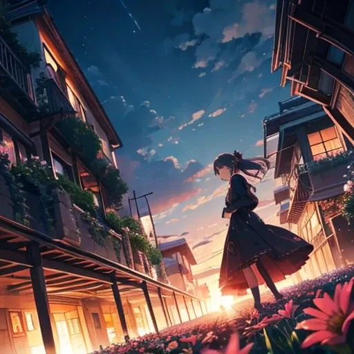 flowers in the middle of a song, Anime, At dusk, rule-of-thirds composition, natural, Pop culture atmosphere, intricate details, high resolution