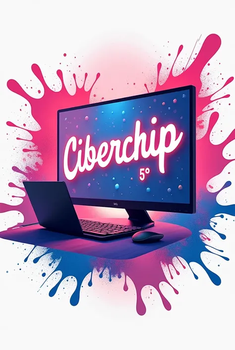 A representation of an all-in-one computer with designs and details where the pink color stands out. The all-in-one computer is intertwined with the flowing script of the bold name: “CIBERCHIP 5°”. There are 16-year-old young students sitting with a full-s...