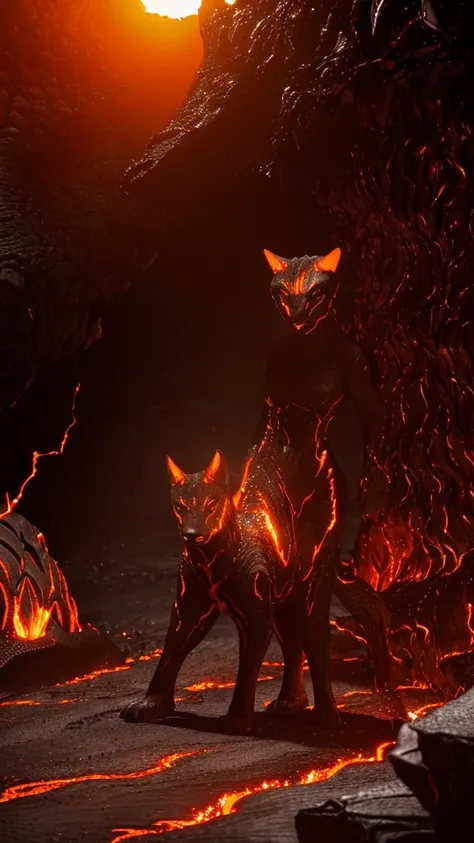 Wolves appearing from within magma, ( realistic :1.5), ( Details:1.5), ( High Quality :1.5), ( high definition :1.5), (Three-dimensional:1.5), ( cinematic lighting:1.5), ( Cinematic Shadows :1.5), ( Insane Shading:1.5), (lava:1.5),( glossy skin :1.4), ( fu...