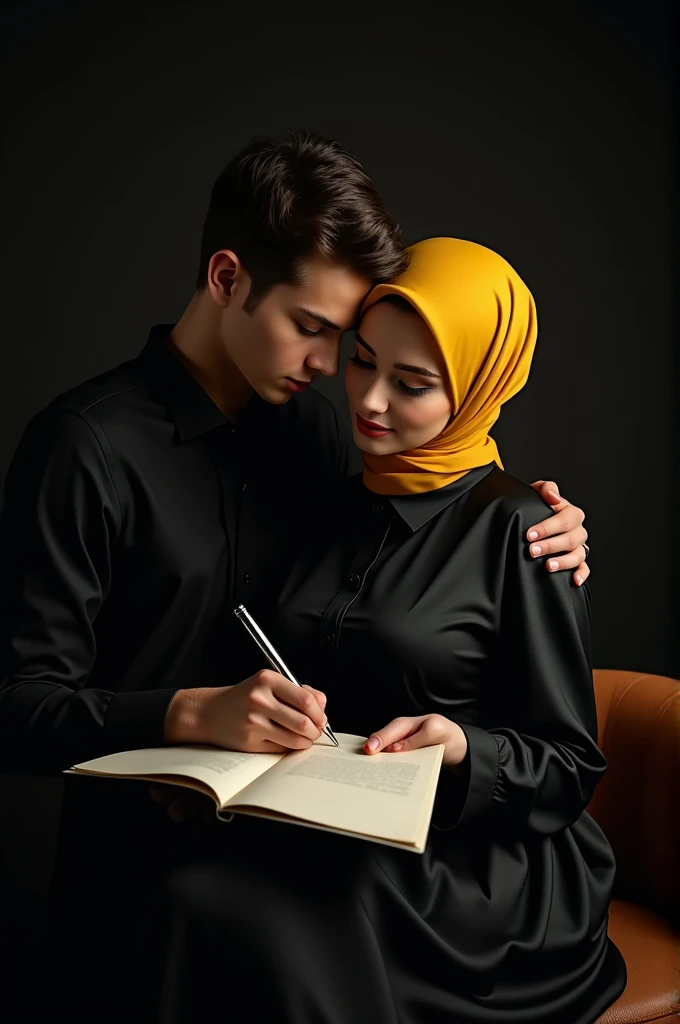  portrait of two lovers in poto studio black in writing letters  .CONGRAST 3K .  yellow color a woman sitting in a chair wearing a black dress shirt satin fabric closed neck large breasts large body slim waist wearing a hijab phasmina color moca hands hold...